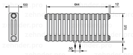 Схема (чертеж) Радиатор Zehnder Charleston 3037/14 №5410 Белый глянцевый RAL 9016